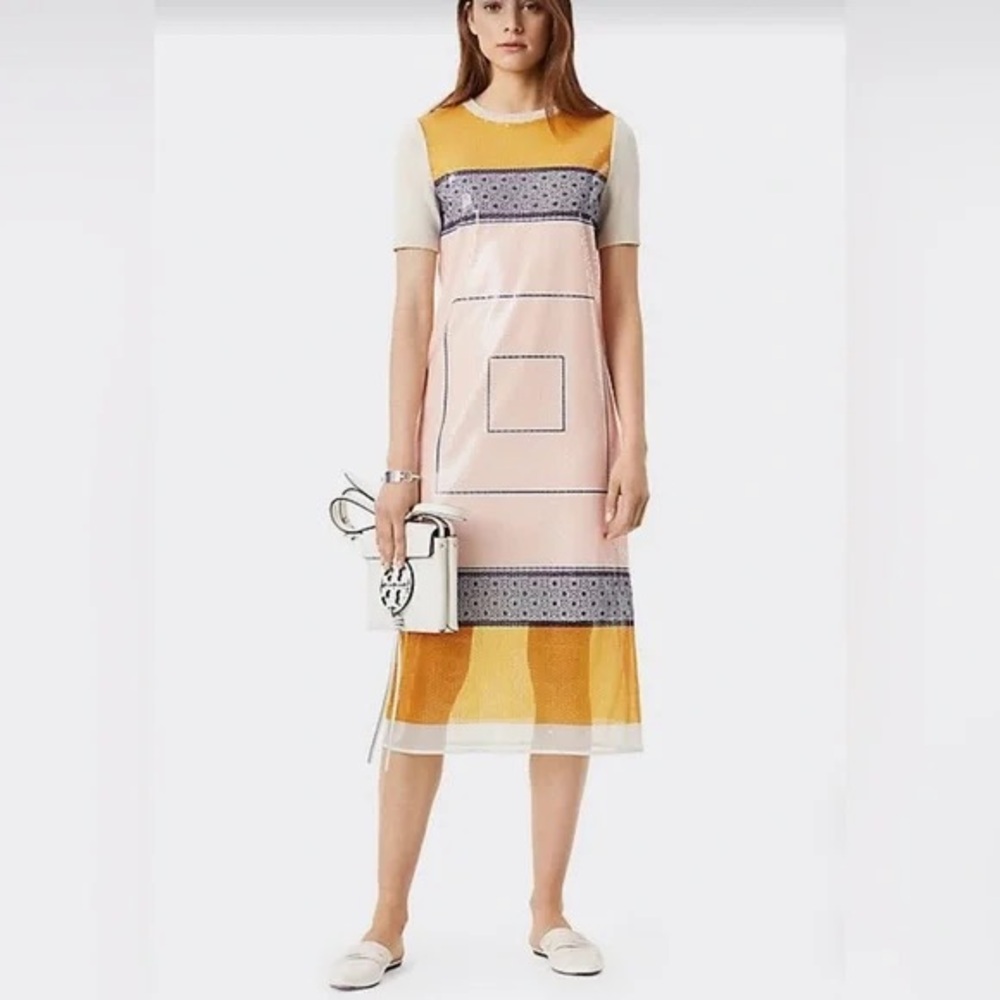Tory Burch Pink and Yellow Patterned Midi Dress - Picture 3 of 6